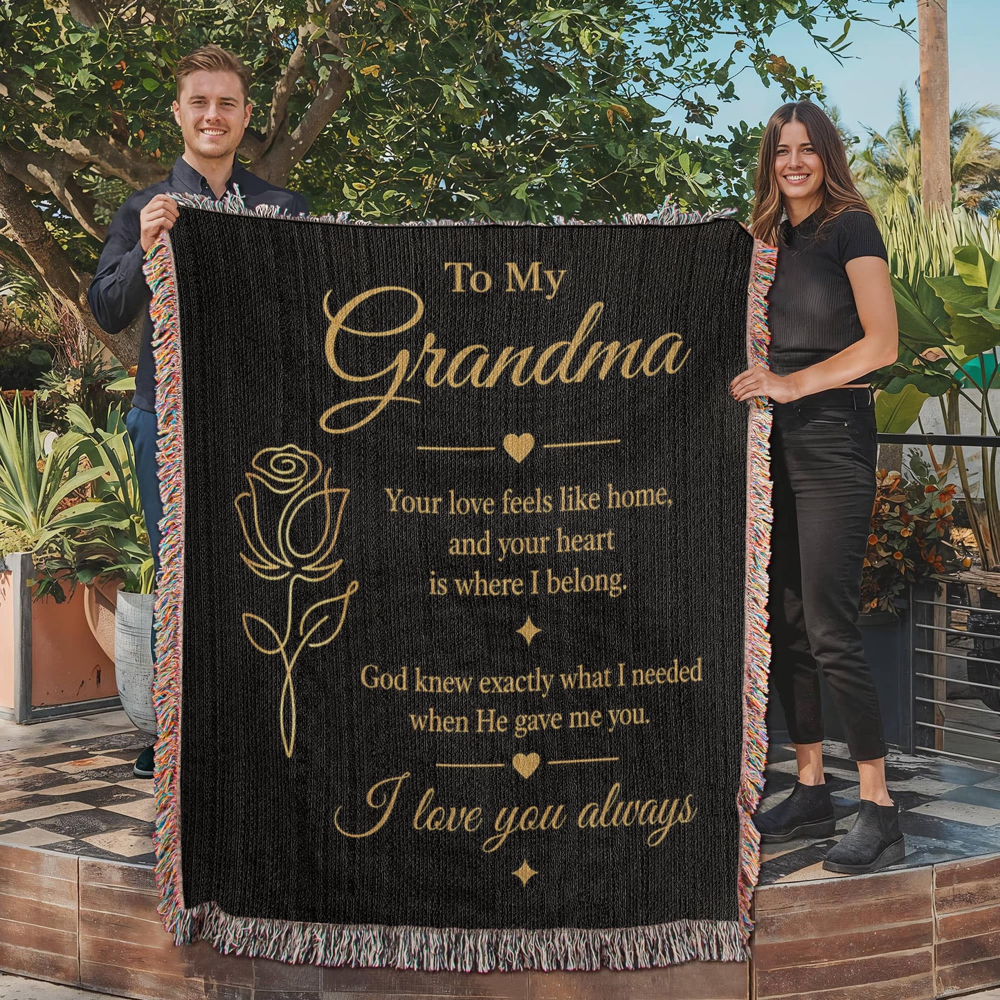 To My Grandma Woven Blanket – Christian Gift for Grandma – Luxury Gold Rose on Black Faith Blanket – Granddaughter Gift – I Love You Always
