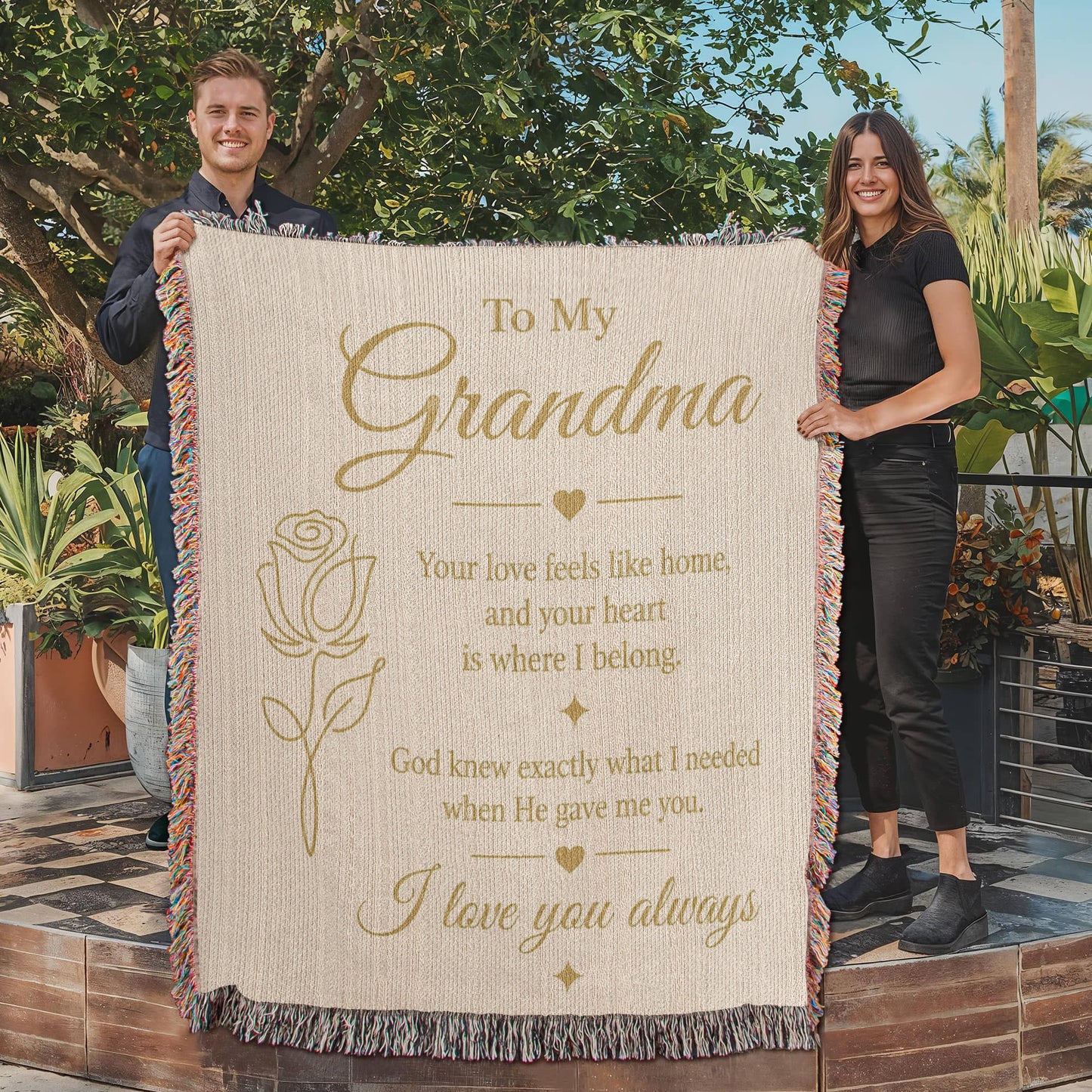 To My Grandma Woven Blanket – Christian Gift for Grandma – Luxury Gold Rose on Cream Faith Blanket – Granddaughter Gift – I Love You Always