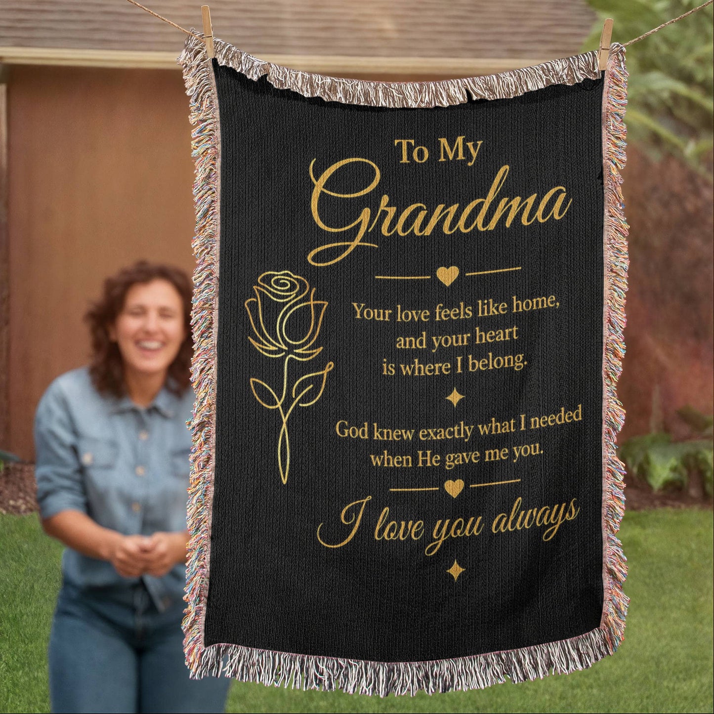 To My Grandma Woven Blanket – Christian Gift for Grandma – Luxury Gold Rose on Black  Faith Blanket – Granddaughter Gift – I Love You Always