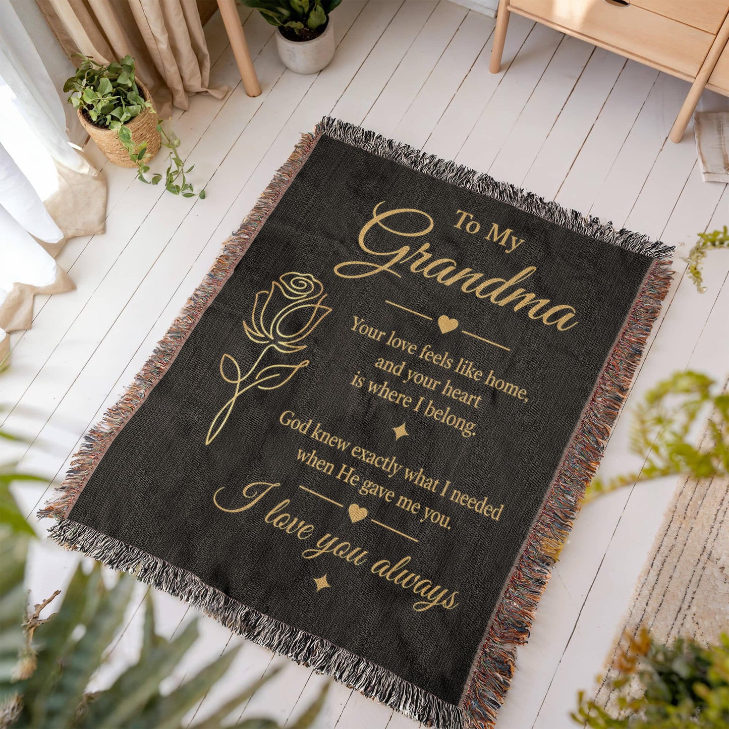 To My Grandma Woven Blanket – Christian Gift for Grandma – Luxury Gold Rose on Black  Faith Blanket – Granddaughter Gift – I Love You Always