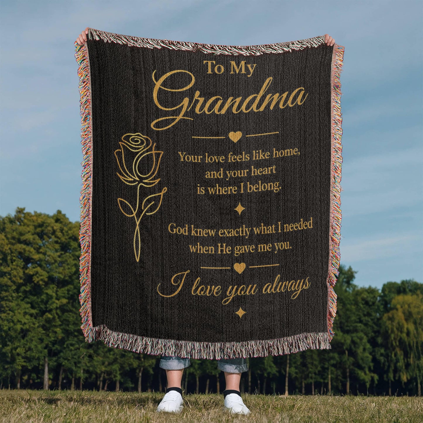 To My Grandma Woven Blanket – Christian Gift for Grandma – Luxury Gold Rose on Black  Faith Blanket – Granddaughter Gift – I Love You Always