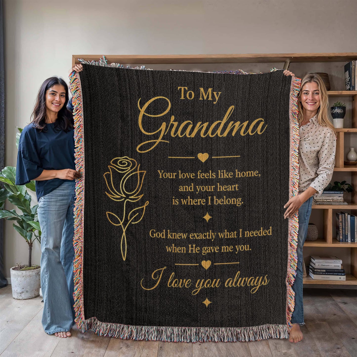 To My Grandma Woven Blanket – Christian Gift for Grandma – Luxury Gold Rose on Black  Faith Blanket – Granddaughter Gift – I Love You Always