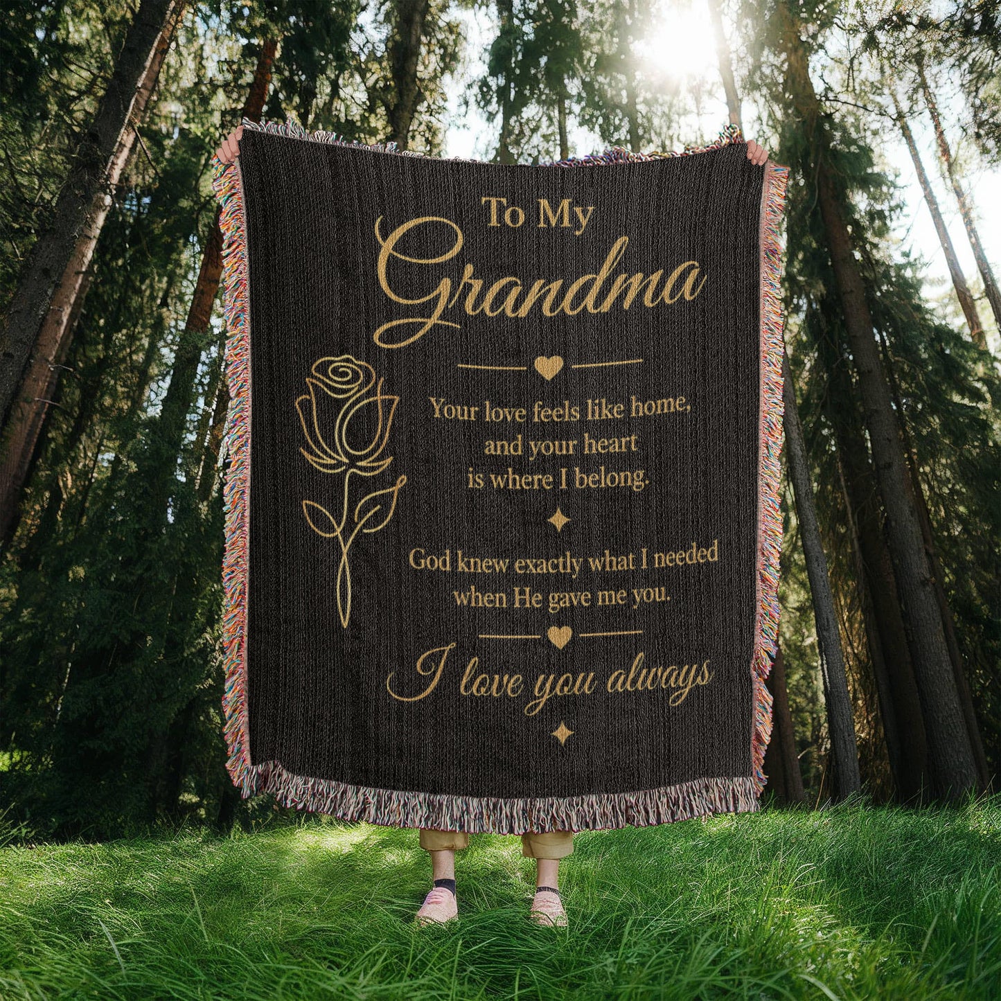 To My Grandma Woven Blanket – Christian Gift for Grandma – Luxury Gold Rose on Black  Faith Blanket – Granddaughter Gift – I Love You Always