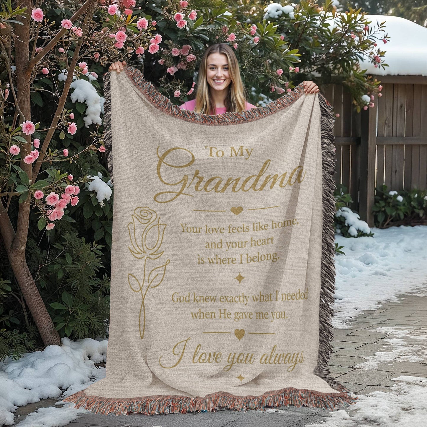 To My Grandma Woven Blanket – Christian Gift for Grandma – Luxury Gold Rose on Cream Faith Blanket – Granddaughter Gift – I Love You Always