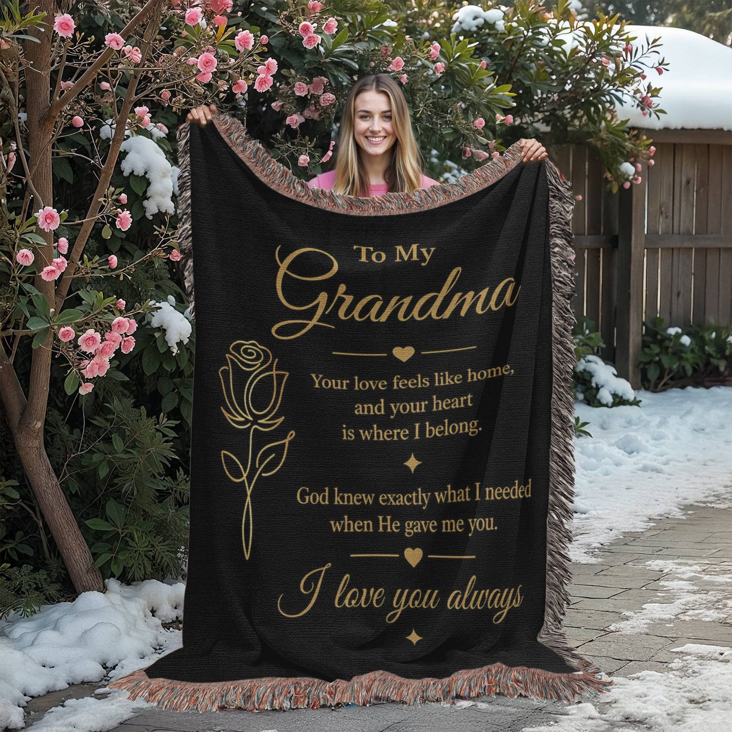To My Grandma Woven Blanket – Christian Gift for Grandma – Luxury Gold Rose on Black  Faith Blanket – Granddaughter Gift – I Love You Always