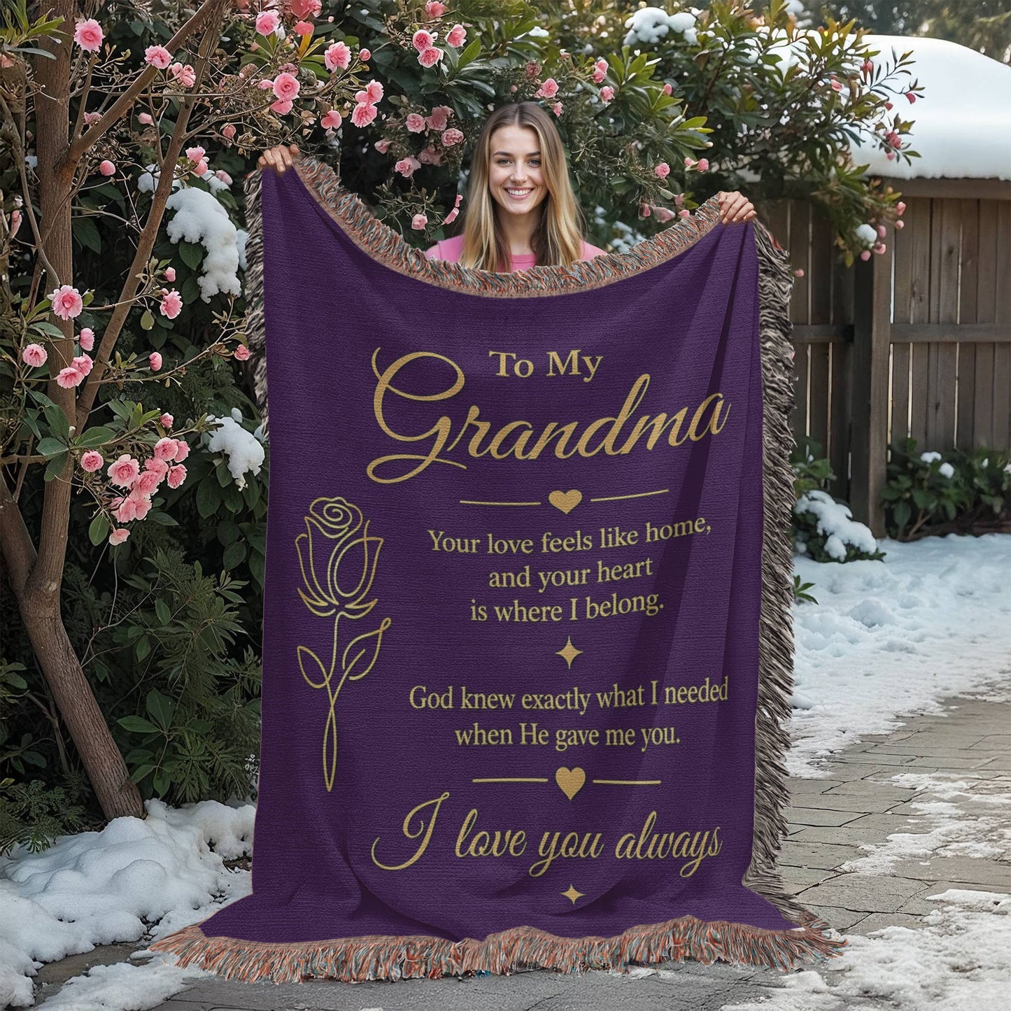 To My Grandma Woven Blanket – Christian Gift for Grandma – Luxury Gold Rose on Purple  Faith Blanket – Granddaughter Gift – I Love You Always